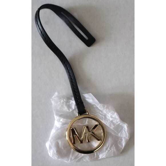 Michael Kors Black Leather Gold "MK" Logo Purse Tag/Fob - Picture 1 of 5